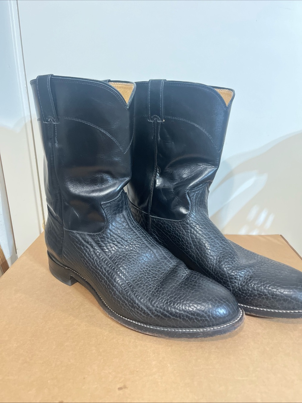 Justin Boots Black Textured Leather Western Pull-On Boots